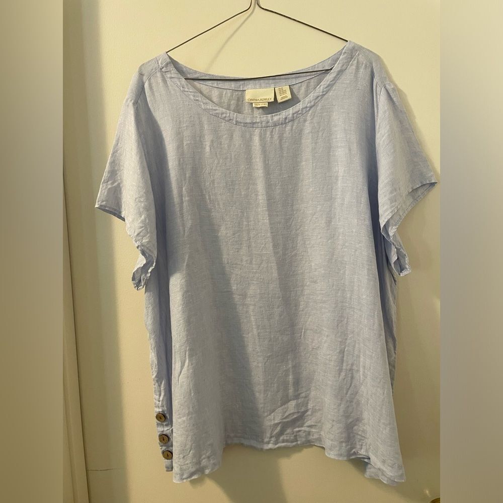 Cynthia Rowley Pastel Blue 100% linen 2X with button details on the side.